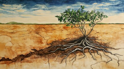 Tree roots in dry soil drawing out green life from the land