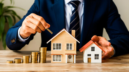 Building and architecture. Real estate investment concept energy efficiency. Ustainable real estate investment concept with wooden house model.