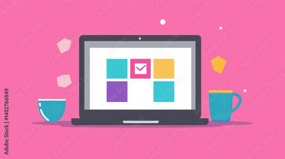 Poster modern laptop design with colorful icons and minimalistic style on pink background