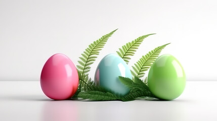 Vibrant Easter Eggs and Fresh Green Leaves with Blank Space on White Background