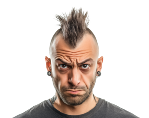 Unique hairstyle with a punk look and intense expression, cut out
