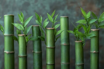 Obraz premium Close-up of bamboo stalks with green hues contrasting against a grey background, showcasing detailed texture, shape, and leaves, with soft lighting highlighting the plants.