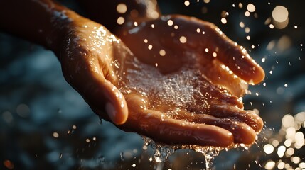 Fototapeta premium Hands catching water droplets in a sunlit moment by a tranquil stream