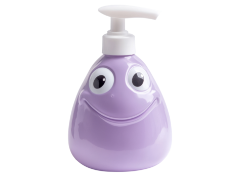 Cute purple soap dispenser with a smiling face for fun bathroom decor, cut out