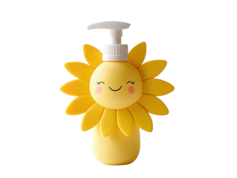 Happy sunflower bottle for kids' hand soap in bright yellow design, cut out