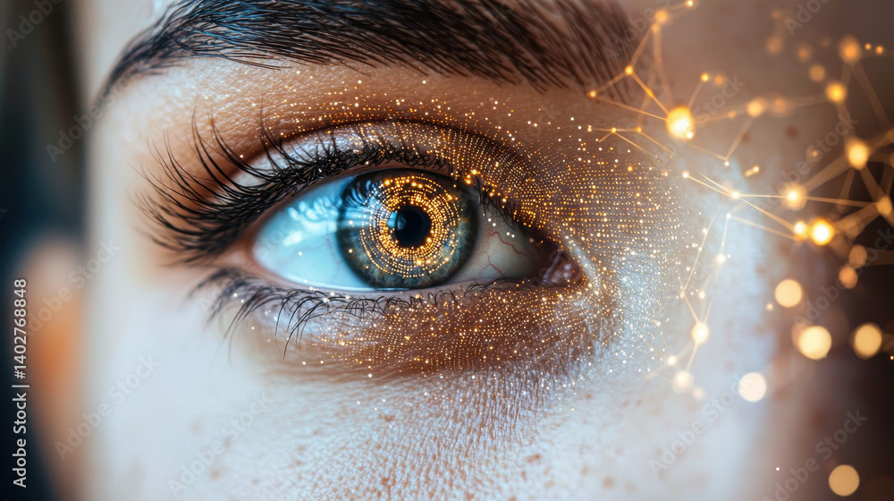 Poster close-up view of a human eye reflecting complex digital machine learning algorithms, showcasing the 