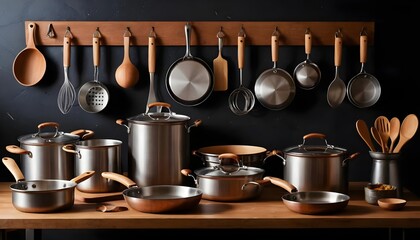 Copper and Stainless Steel Cookware Set on Wooden Rack