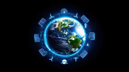Futuristic Earth with Renewable Energy Symbols and Technology Icons on Black Background