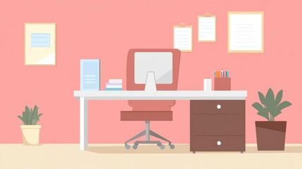 Modern Office Workspace with Desk, Computer, and Plants in Minimalist Interior Design Style