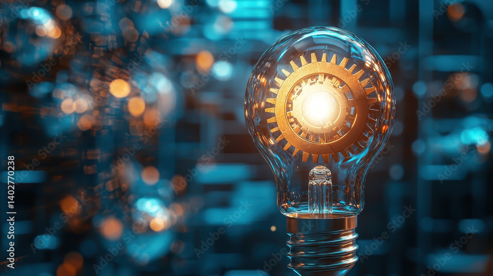 Aufkleber illuminated lightbulb with internal gears symbolizes innovative ideas and inventions in a creative d