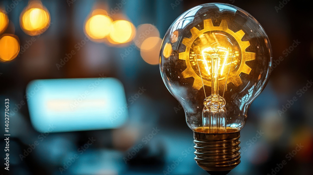 Poster illuminated lightbulb with internal gear mechanism showcasing creativity and innovation in a modern 