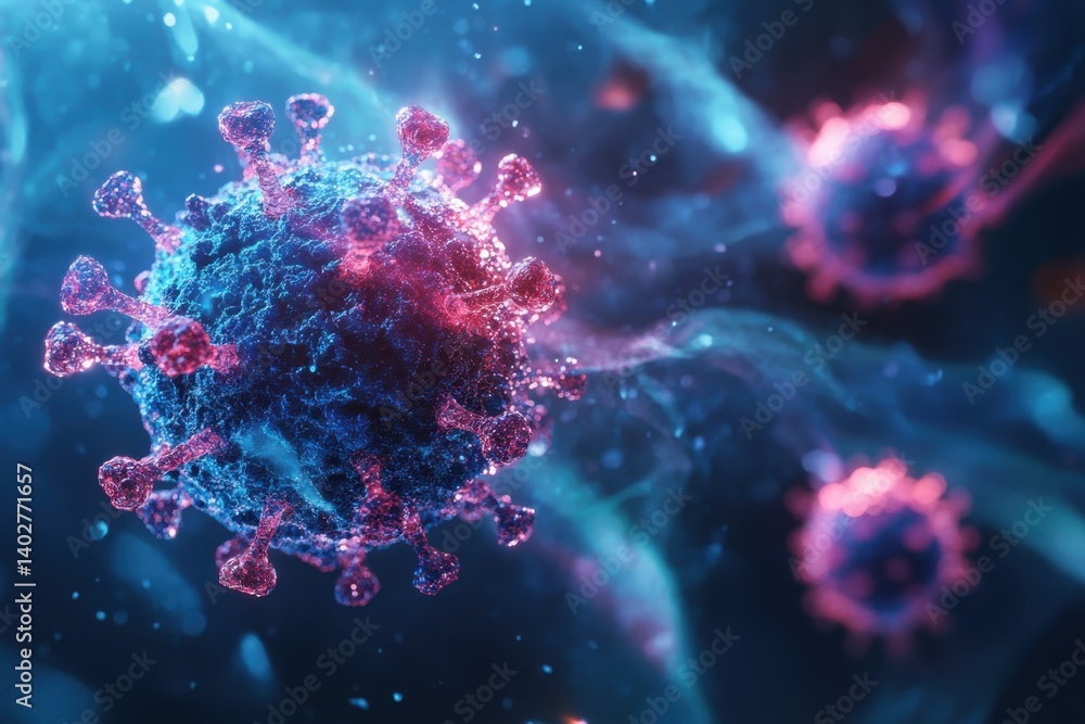 Poster vivid representation of a virus in a microscopic environment showcasing intricate details