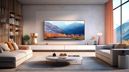 Contemporary Home Living Room with Large TV on Feature Wallpaper Wall