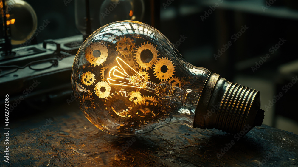 Aufkleber close-up of a lightbulb showcasing intricate cogs and gears in motion, representing innovation and c
