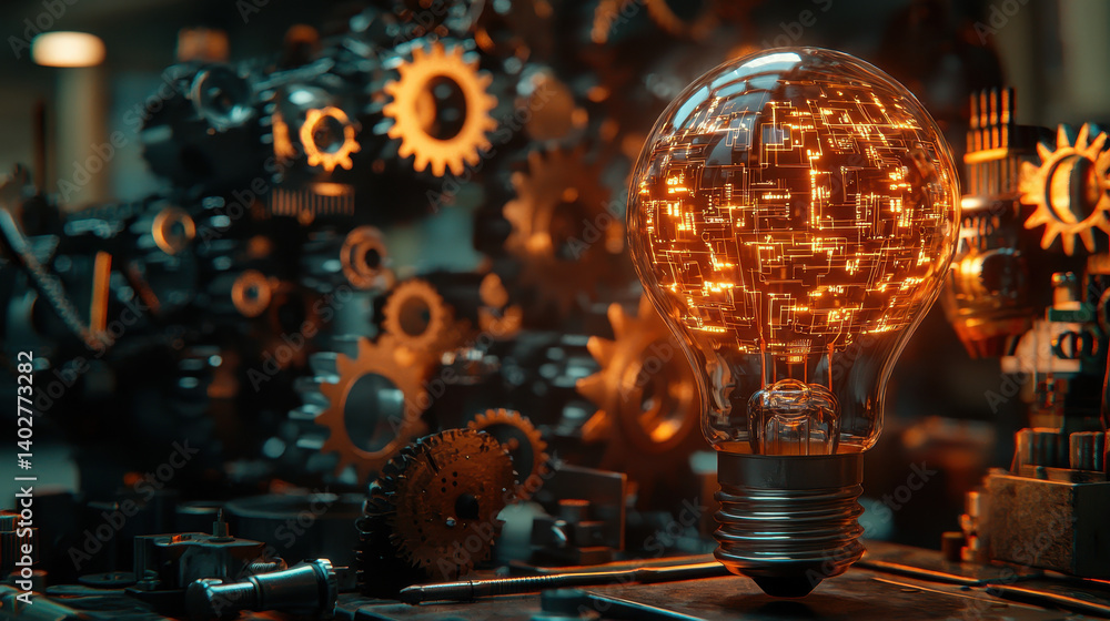 Aufkleber digital lightbulb glows with intricate circuit patterns, surrounded by spinning gears, symbolizing t