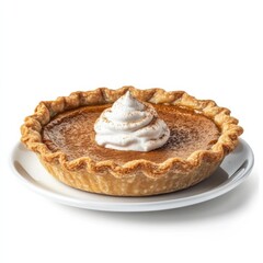A freshly baked pumpkin pie with a golden flaky crust, spiced pumpkin filling, and a dollop of whipped cream