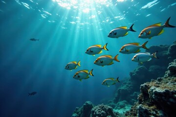 Naklejka premium School of fish swimming together in the ocean, seafood, ocean