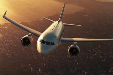 Aerial view of a white airplane flying over a city, an Airbus A320 with its engines visible in the sunset sky.