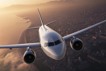 Aerial view of a white airplane flying over a city, an Airbus A320 with its engines visible in the sunset sky.