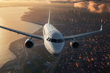 Aerial view of a white airplane flying over a city, an Airbus A320 with its engines visible in the sunset sky.