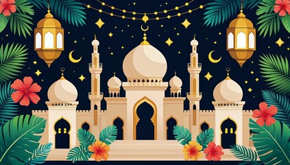 Beautiful Eid Mubarak Card Design with Lanterns and Mosques