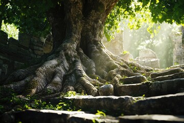 An ancient tree with wide roots, lush green leaves, and sunlight filtering through the branches symbolizes growth, strength, wisdom, love of nature, spiritual connection, natural beauty, environmental