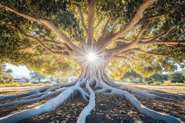 An ancient tree with wide roots, lush green leaves, and sunlight filtering through the branches symbolizes growth, strength, wisdom, love of nature, spiritual connection, natural beauty, environmental