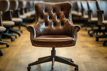 An old brown leather office chair with an elegant and detailed buttoned back, sitting in the middle of rows of other chairs in front of wooden floors.