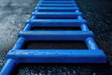A straight, blue ladder made of rubber against a black background, captured through macro photography.