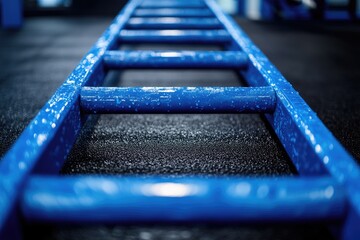 A straight, blue ladder made of rubber against a black background, captured through macro photography.