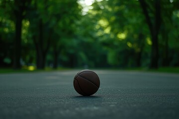 Close-up of a basketball on the asphalt in front view. The background is a blurred park with green trees.