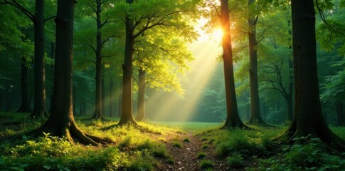 Obraz premium Panorama of forest with sunlight filtering through trees , foliage, landscape
