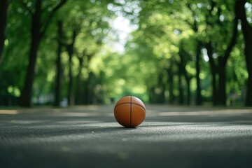 Close-up of a basketball on the asphalt in front view. The background is a blurred park with green trees.