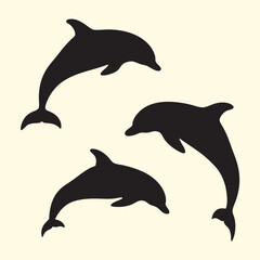 Dolphins set vector silhouette in different styles.