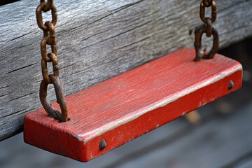 Close-up of a red wooden bar hanging from a metal chain in a playground.