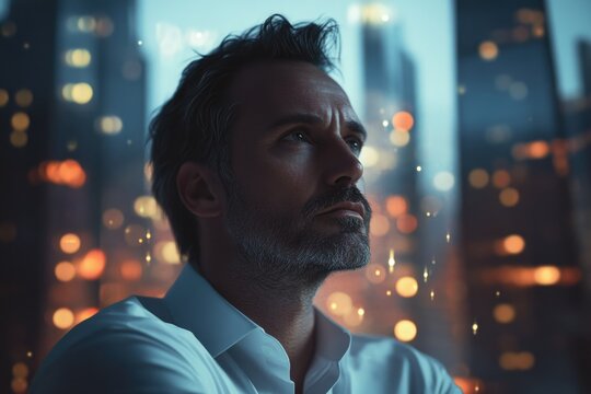A contemplative man gazes out at a city nightscape, lost in thought.