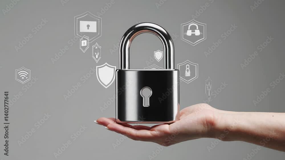 Poster Cybersecurity concept showing a woman presenting a chrome padlock with various digital security icons floating around it, isolated on a grey background