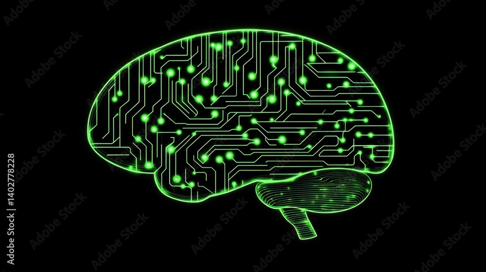 Poster abstract representation of brain with circuit design on black background for tech and science themes