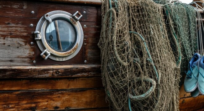 Rustic fishing boat with nets and porthole