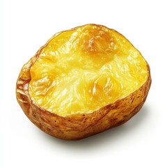 A glossy golden brown roasted potato with crispy skin and tender flesh, isolated white background, hyperrealism art style