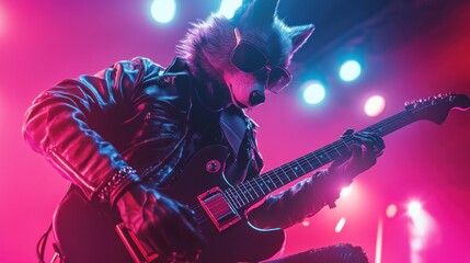 Energetic musician in a fox costume plays electric guitar on a stage.