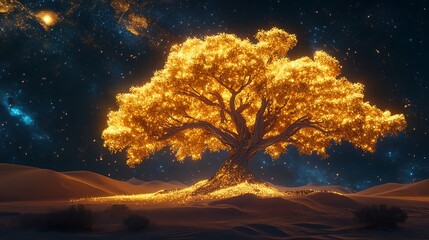 A massive glowing tree with golden leaves illuminating the sands of the desert beneath a cosmic sky