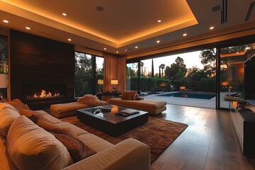 Fototapeta premium Large living room with brown and beige sofas, coffee table, black wood paneling, fireplace, glass doors, and modern interior design with soft lighting.
