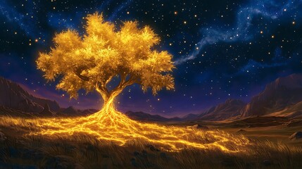 A mystical golden-leaved tree in a vast desert its softly glowing roots pulsing beneath the endless starry sky