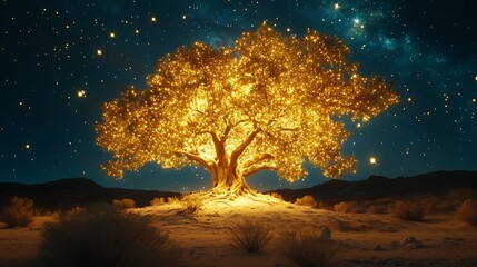 A massive golden tree its softly glowing roots illuminating the arid desert as the stars shine above