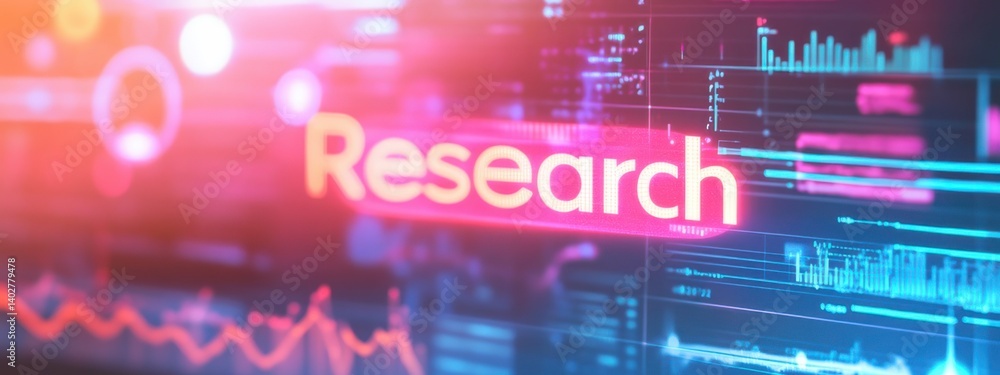 Poster vibrant digital display showcasing research data in a high-tech environment with colorful graphics a