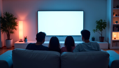Four people are sitting on a couch in front of a television