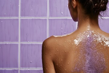Close-up of a woman's wet back and shoulder covered in lilac soap foam. Against a purple tiled wall
