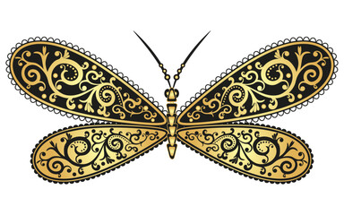 Vector hand drawn silhouette black and golden butterfly with vintage curls isolated on transparent background
