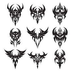 Tattoos in tribal style featuring aggressive beast heads symmetrical layout Maori inspired designs and vintage ornament wing silhouettes
